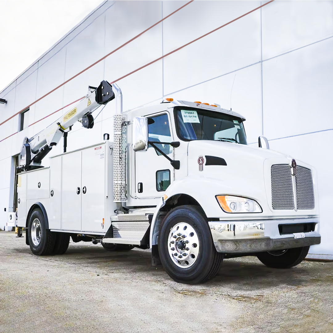 RMB Pictures Home Page Place Holders White Kenworth service truck with a Palfinger crane and utility service body.